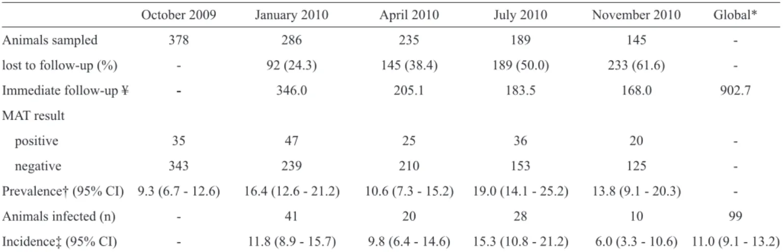 TABLE 4 - Prevalence and incidence density rate for leptospirosis in dogs from Vila Pantanal from October 2009 to October 2010.