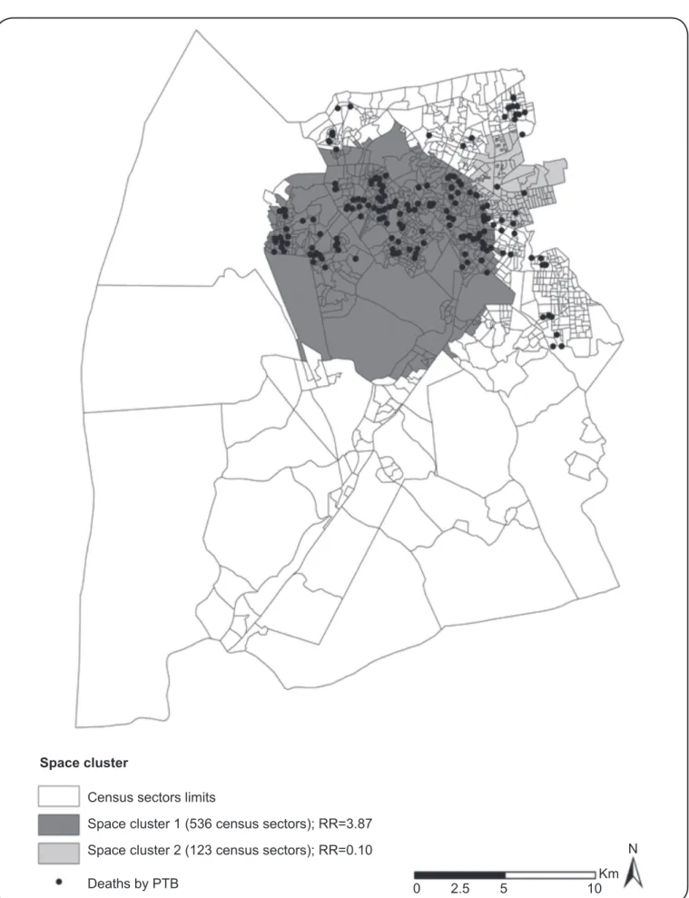 FIGURE 2 - Space clusters of deaths by PTB, controlled by the population in the census sectors and their gender and age distribution