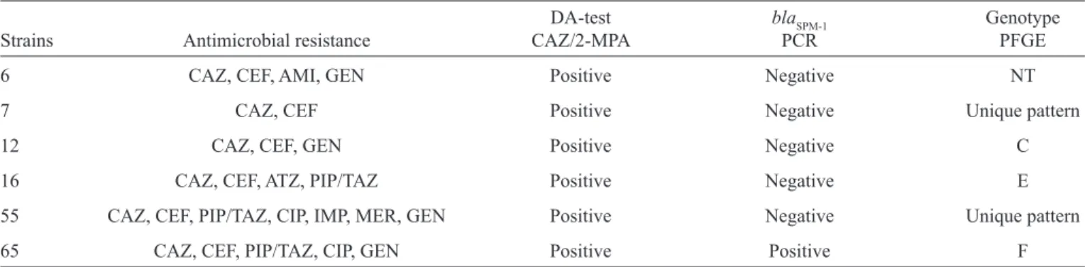 TABLE 1 - Characteristics of six positive metallo-β-lactamases strains according to phenotypic tests