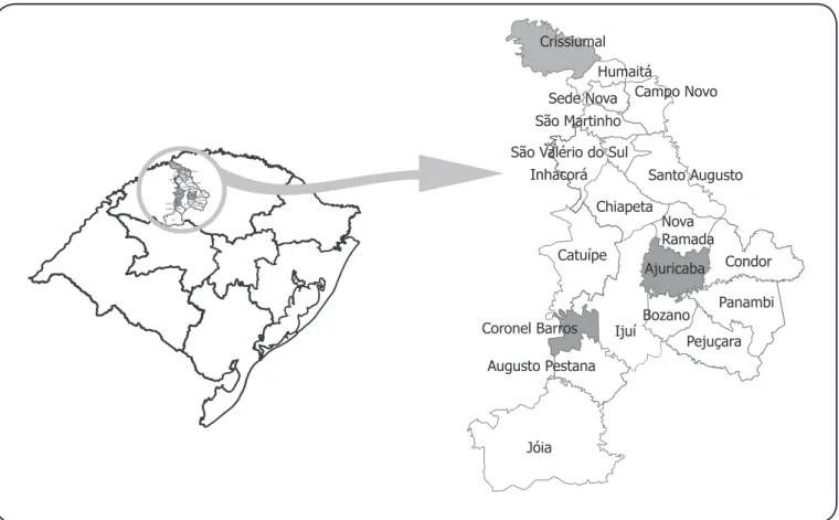 FIGURE 1. Map of the 17 th  Regional Health Coordination of Rio Grande do Sul State highlighting the municipalities of Crissiumal, Ajuricaba, and Coronel  Barros included in the Housing Improvement Program for Chagas Disease Control.