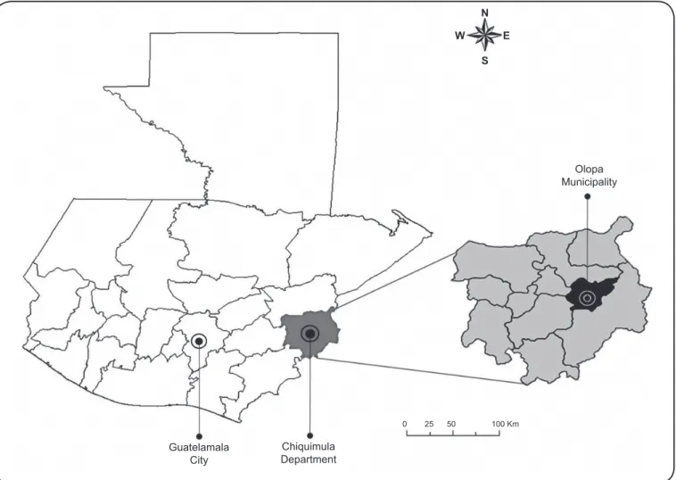 FIGURE 1. Geographical location of the Chagas project supported by MSF-OCBA. Olopa, Guatemala, 2005-2006