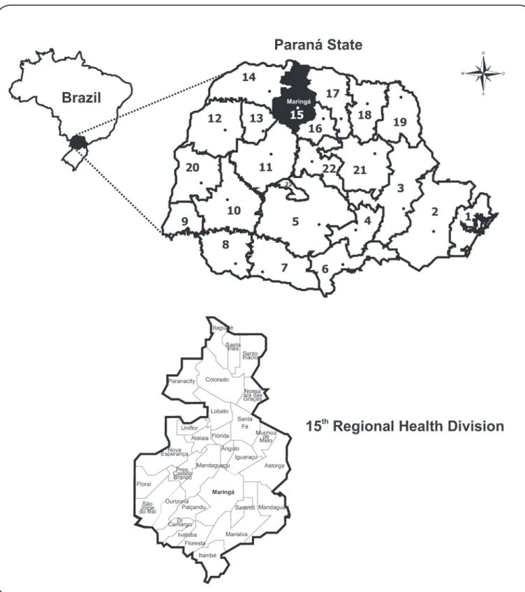 FIGURE 1. A map of the 15 th  Regional Health Division of Paraná, Maringá, Paraná State, Brazil, comprising 30 municipalities.