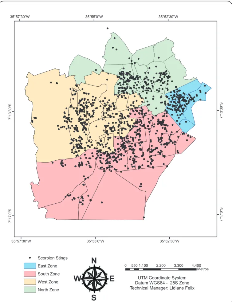 FIGURE 1. Spatial distribution of scorpion accidents assisted and registered at Ceatox-CG, from 2010 to 2012