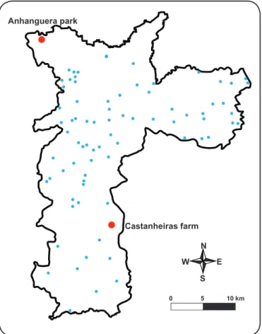 FIGURE 1. Location of the study areas. Pink: Anhanguera park and  Castanheiras Farm. Blue: other green areas of São Paulo