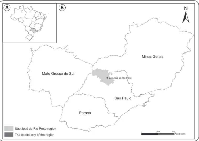 FIGURE 1 - A). Map of Brazil denoting the State of São Paulo. B). Map denoting the São José do Rio Preto region with its capital city  and its location within the State of São Paulo and in relation to the States of Minas Gerais, Mato Grosso do Sul, and Par