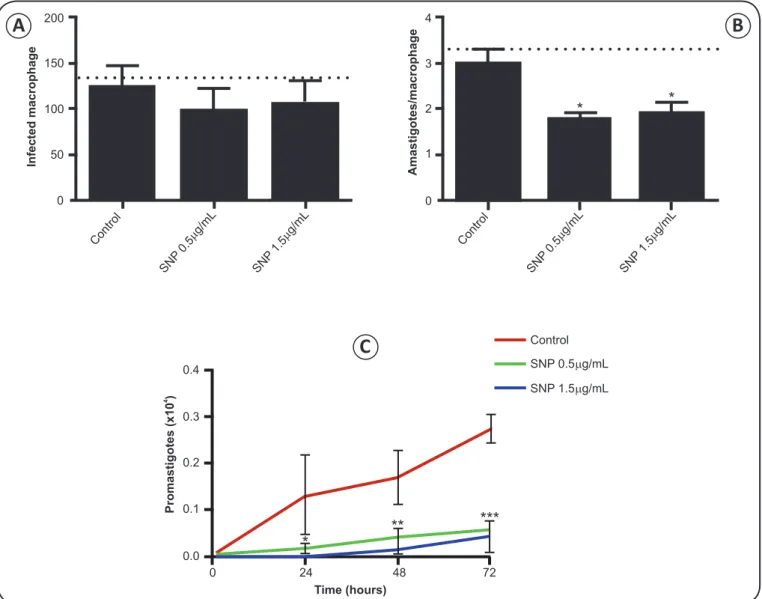 FIGURE 1 – Peritoneal macrophages from BALB/c mice were infected in vitro with Leishmania amazonensis and treated for 24h with 0.5 and  1.5μg/mL sodium nitroprusside (SNP)