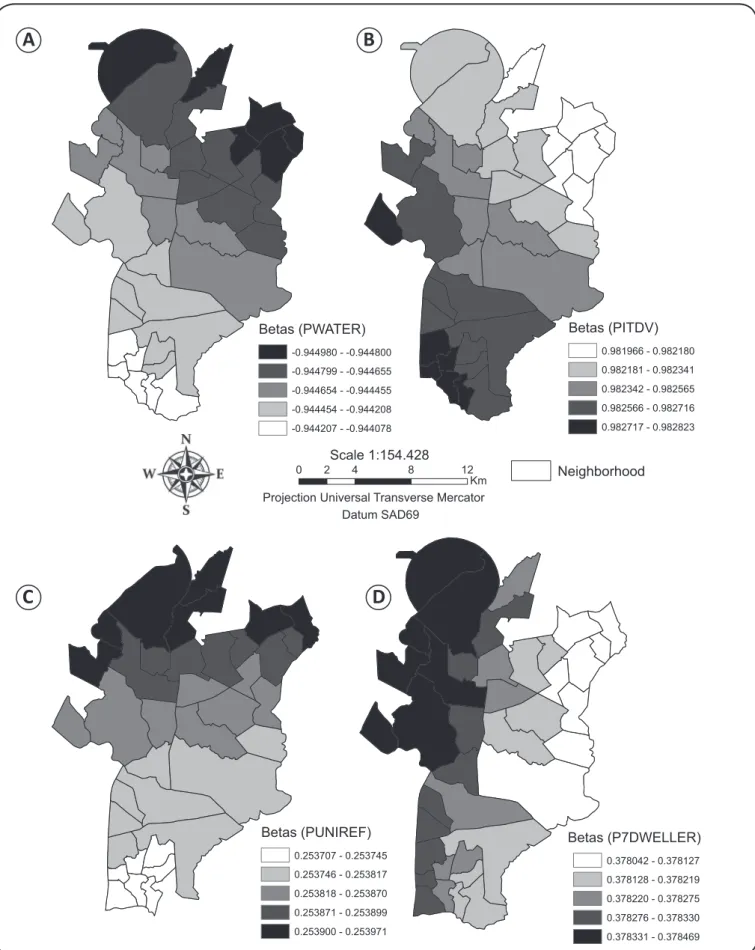 FIGURE 1 - Geographic weighted regression model and β parameters for leprosy and the covariates in Duque de Caxias, Rio de Janeiro, Brazil