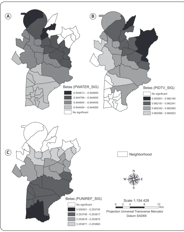 FIGURE  2 - Geographic weighted regression model and only the statistically signiﬁ cant β parameters for leprosy and the covariates in Duque de  Caxias, Rio de Janeiro, Brazil