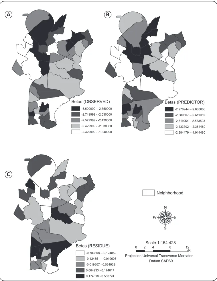 FIGURE 3 - Parameters of the geographic weighted regression model for leprosy and the covariates in Duque de Caxias, Rio de Janeiro, Brazil