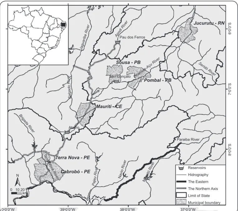 FIGURE 1 - Sketched map of the study area. The Northern and Eastern Axes of the Integration Project of the São Francisco River are  shown as thick light or dark gray lines, respectively.
