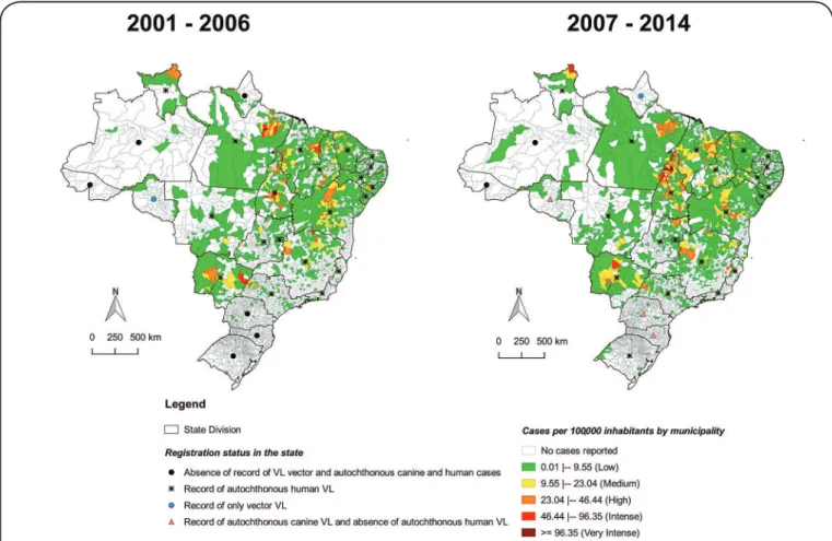 FIGURE 1 - Crude rate of new cases of visceral leishmaniasis per 100,000 inhabitants by municipality, in the periods 2001-2006 and 2007-2014