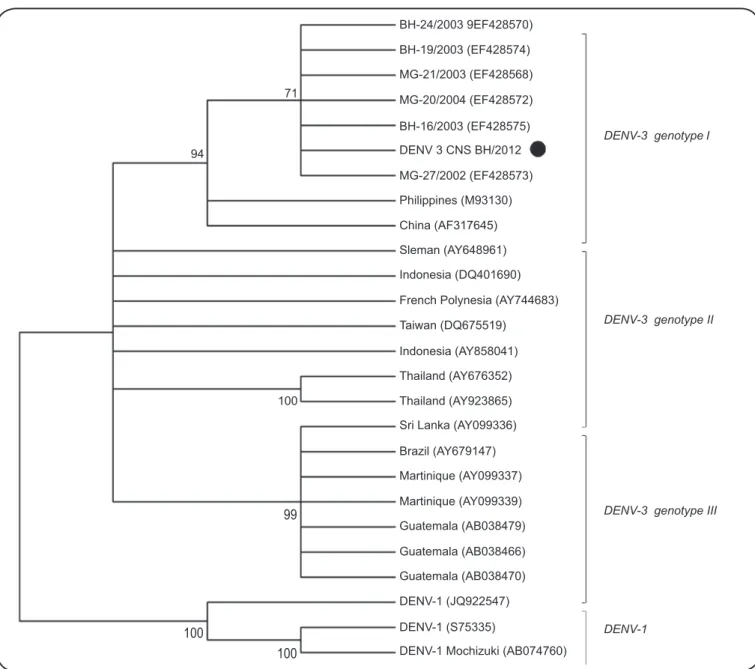 FIGURE 3 - Phylogenetic analysis of the C-prM region of dengue virus (DENV). Phylogenetic analysis of the C-prM of DENV (451bp)