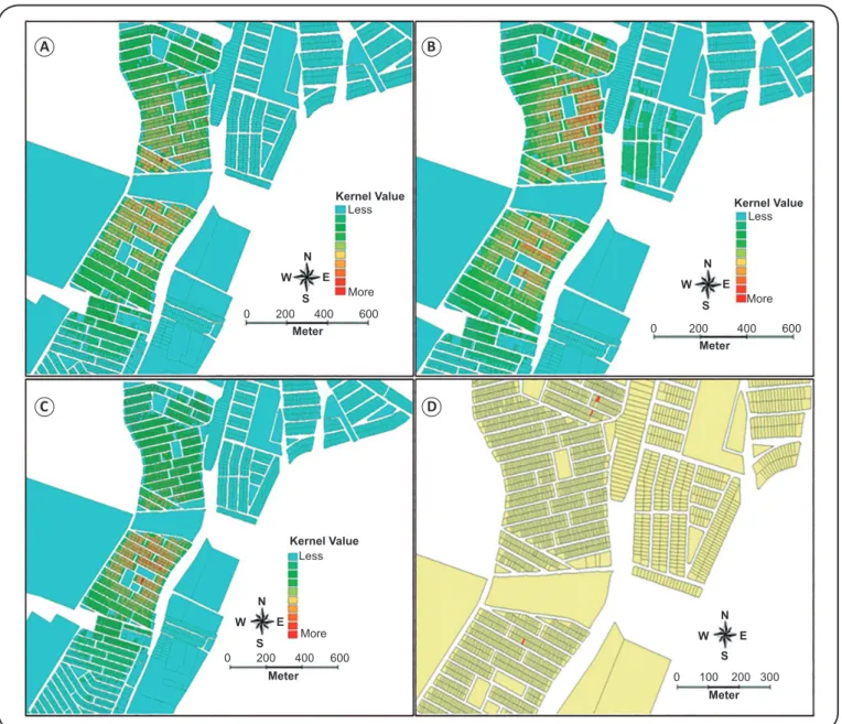 FIGURE 2 - Kernel maps of the neighborhood of Santa Maria: (A): Spatial analysis of individuals with schistosomiasis