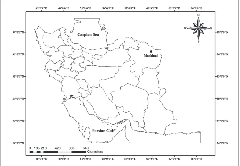 FIGURE 1 - Map of Iran showing the location of Mashhad City, in Northeast Iran (Created by Arc GIS version 10.2).