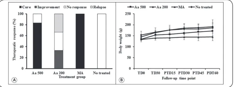 FIGURE 2 - In vivo therapeutic response and effect on body weight in hamsters with cutaneous leishmaniasis treated with Artemisia annua L