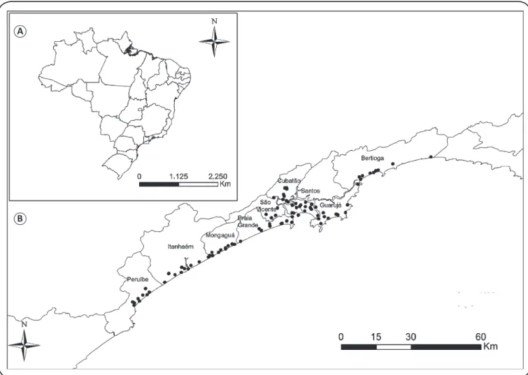 FIGURE 1 – A: Location of the study area and B: collection points in the municipalities comprising Baixada Santista, São Paulo, Brazil.