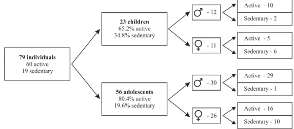 Figure 2 – Description of physical activity according to gender and age range. Fortaleza - 2005