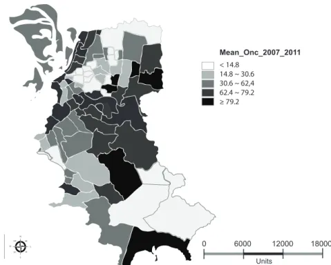 Figure 2 - Spatial distribution of the mean prevalence of bacilliferous pulmonary tuberculosis in Porto Alegre, Brazil, in the period 2007-2011.