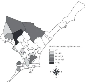 Figure 2 – Distribution Map of the proportion of deaths that oc- oc-curred in places with firearm assaults – Located in the East –  At-lantic Ocean – Maceió, AL, Brazil, 2012.