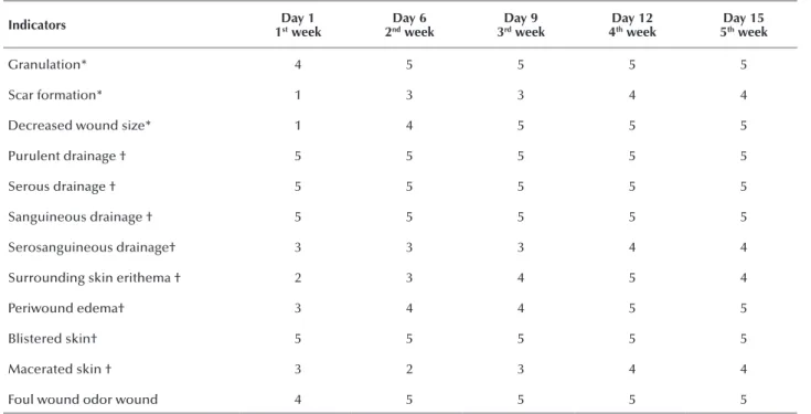 Table 3 – PU evaluation by the Wound Healing: Secondary Intention with 12 indicators from NOC