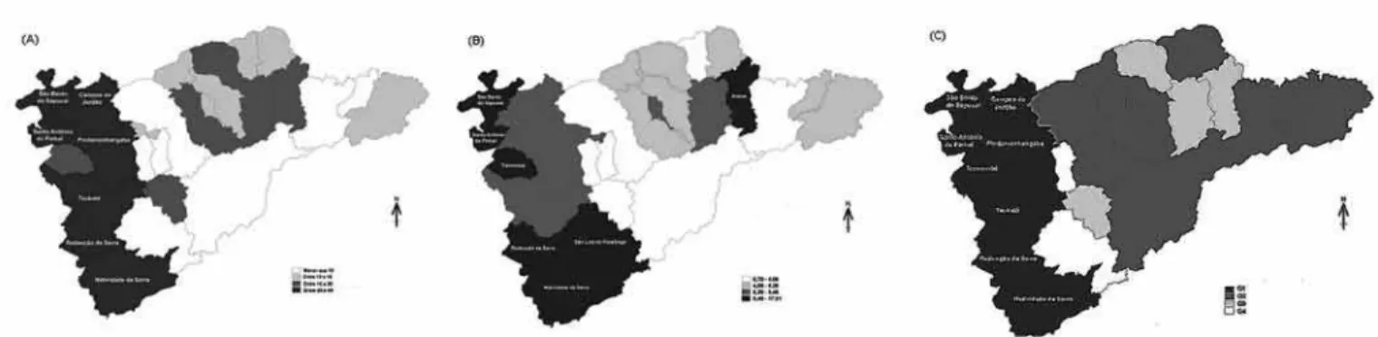 Figure 2 – Map of place of residence with rate of admissions because of motorcycle accidents: per 100 thousand inhabitants (A), and by  thousand motorcycles (b), Moran scatter plot map (C), Vale do Paraíba, 2001-2005