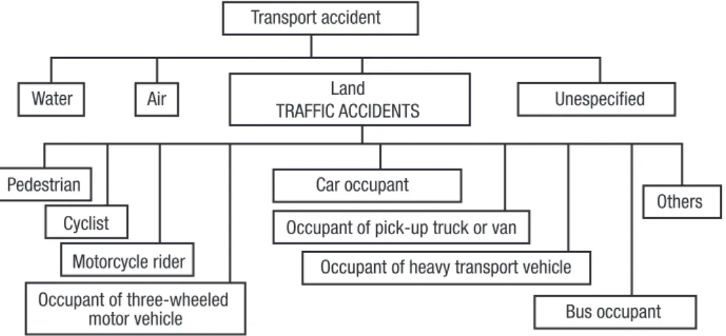Fig. 1 – Distribution of transport accidents according to Chapter XX of the International Classification of Diseases (ICD‑10),  with emphasis on land accidents (traffic accidents)