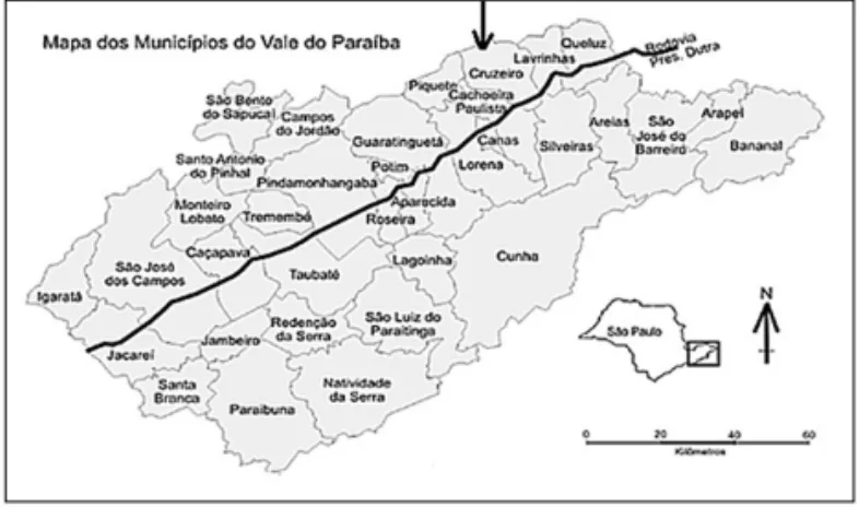 FIGURE 1   Location of the city of Cruzeiro with territorial  boundaries and highlighting the Presidente Dutra Highway