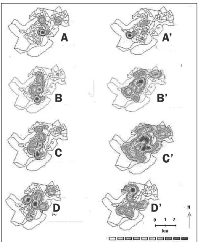 FIGURE 3   Comparative thematic maps with the Kernel estimator  of the distribution of cases of dengue notified and confirmed in the  months of March (A), April (B), May (C), and June (D) 2006, and in  the months of March (A’), April (B’), May (C’) and Jun