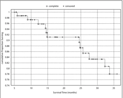 FIGURE 1   Kaplan–Meier disease-free survival. The correspondent  1, 2 and 3-year disease-free survival were 97.32, 91.18 and 78.02%, 