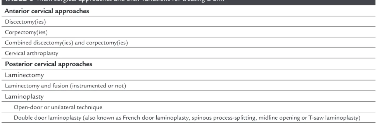 TABLE 3   Main surgical approaches and their variations for treating DCM. 