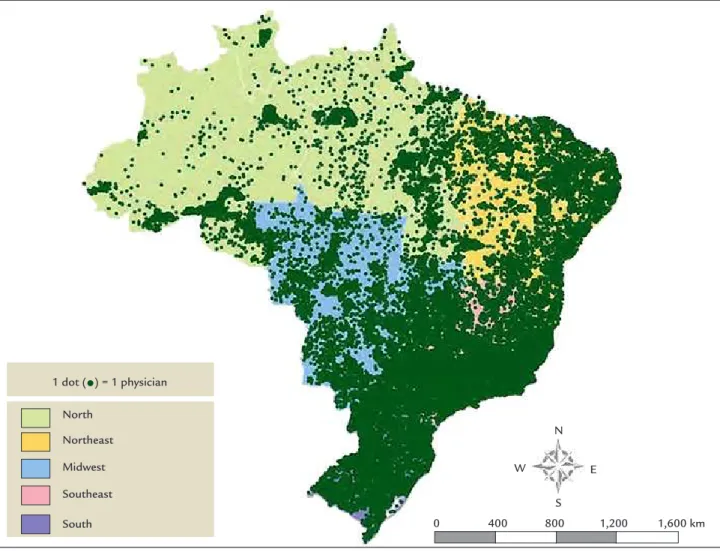 Figure 1 9  shows the distribution of physicians per Bra- Bra-zilian region in 2014. In order to better illustrate the  med-ical distribution presented here, the following aspects  should be highlighted, among other characteristics of the  medical populati