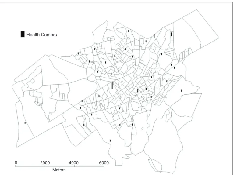 Figure 4 - Distribution of Health Centers in the census tracts of Taubaté, state of São Paulo, Brazil, 2006–2001