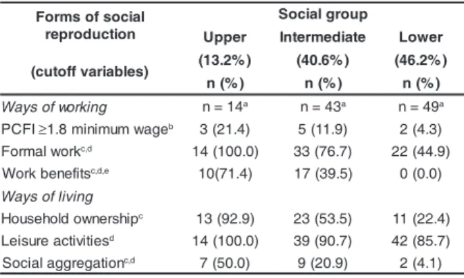 Table 2 summarizes the main characteristics of the profiles in social reproduction found in the families with anemic children, categorized according to cutoff variables used to make the three social groups
