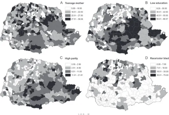Figure 2 - Spatial distribution of socioeconomic indicators, Paraná, 2007. (A) Percentage of teenage mothers