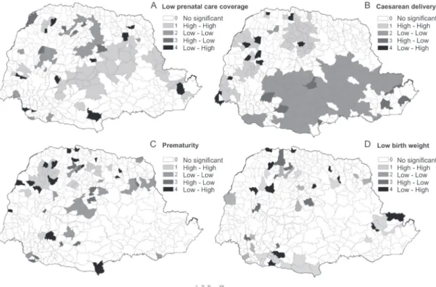 Figure 5 – Moran Local Index showing health care and result indicators, Paraná 2007. (A) Percentage of low prenatal  care coverage
