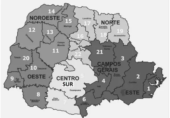 Figura 1 – Mapa del Estado de Paraná, según macro-regionales y regionales de salud.