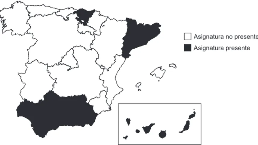 Figura 2 - Comunidades y Ciudades Autónomas de España en las que  se lleva a cabo la impartición de asignaturas de TC