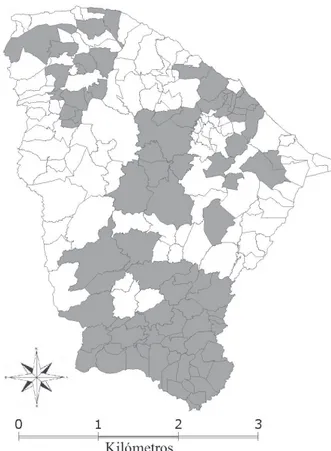 Figura 1 - Mapa del estado de Ceará, Brazil, que muestra  los municipios investigados