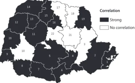 Figure 1 - Map of distribution of the correlation between the rates of hospitalization for PCSCC and the coverage by  the FHS, according to regional health divisions