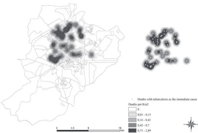 Figure 1 - Map of the density distribution of cases of deaths from tuberculosis as the immediate cause