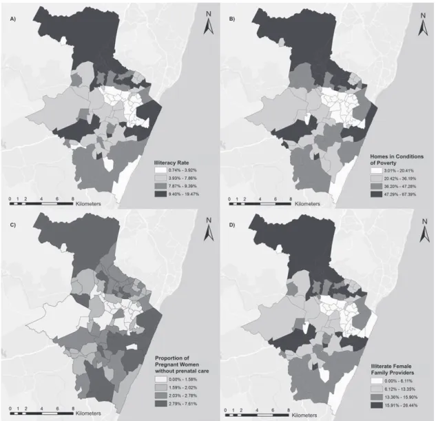 Figure 2 – Spatial distribution of illiteracy rate, homes in poverty conditions, proportion of pregnant women without  prenatal care and illiterate female family providers