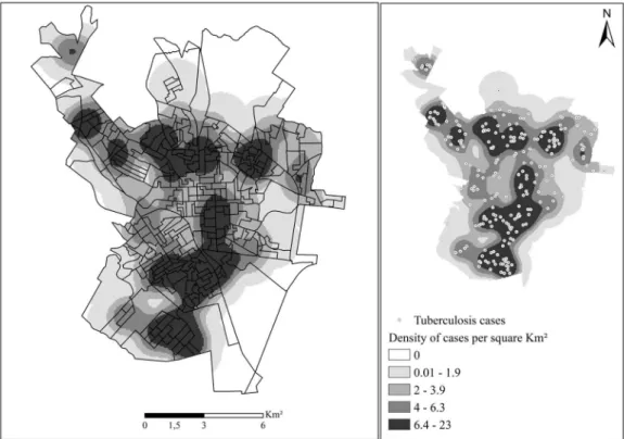 Figure 1 - Map of the density of the distribution of TB cases in the municipality of São Carlos, SP, Brazil (2008-2013)