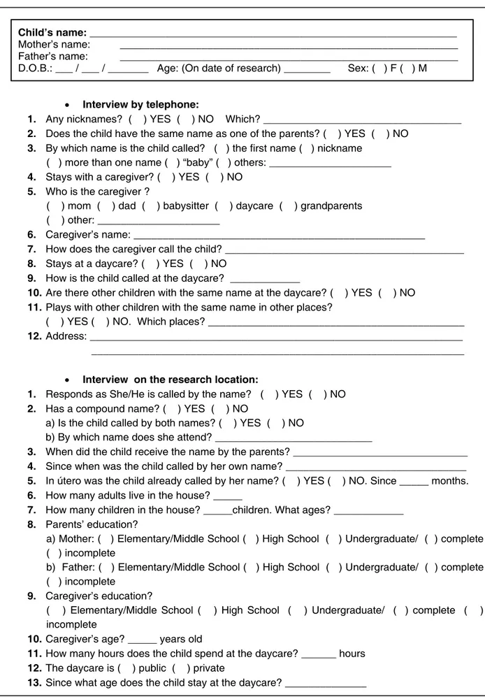 Figure 1 –  Questionnaire on linguistic experience of the child and the family about the irst nameChild’s name: _______________________________________________________________ 