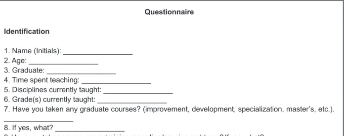 Figure 1 - Questionnaire regarding the evaluation of the teachers’ conceptions on School Dificulties  and Learning Disorders
