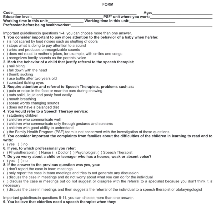 Figure 1 - Form used for data collection