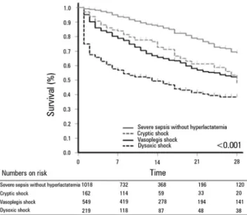 Figure 2 - Survival curve 28 days after the sepsis diagnosis. A significant  difference is observed among the four sepsis phenotypes (log-rank test,  p<0.001)