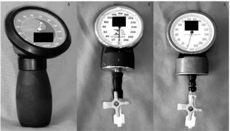 Figure 1 - Commercial manometer (A); handcrafted devices 1 (B) and 2 (C).