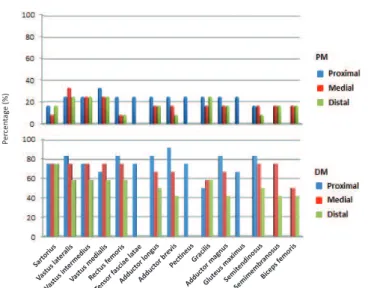 Fig. 1 – Distribution of edema area in different muscle  compartments of the thigh by MRI in patients with  dermatomyositis and polymyositis