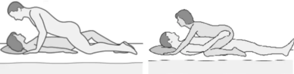 Fig. 1 – On the left, this position prevents the woman performing hip abduction and knee and spine flexion, and allow resting her upper limbs, since the partner performs hip abduction and holds his weight during sexual activity