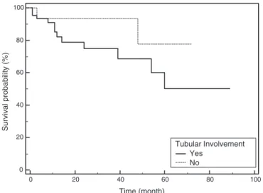 Fig. 3 – Comparison of survival in the good and poor outcomes groups according to presence of tubular involvement (p = 0.038).